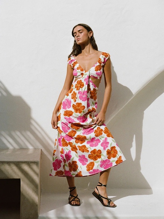 Sabo Skirt Dresses & Skirts - Floral Tie-Back Midi Dress in White with Pink & Orange Blooms